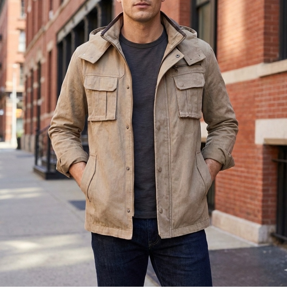 MK MICHEL KLEIN HOMME Khaki Harrington Jacket Snap Button Zip Size 48